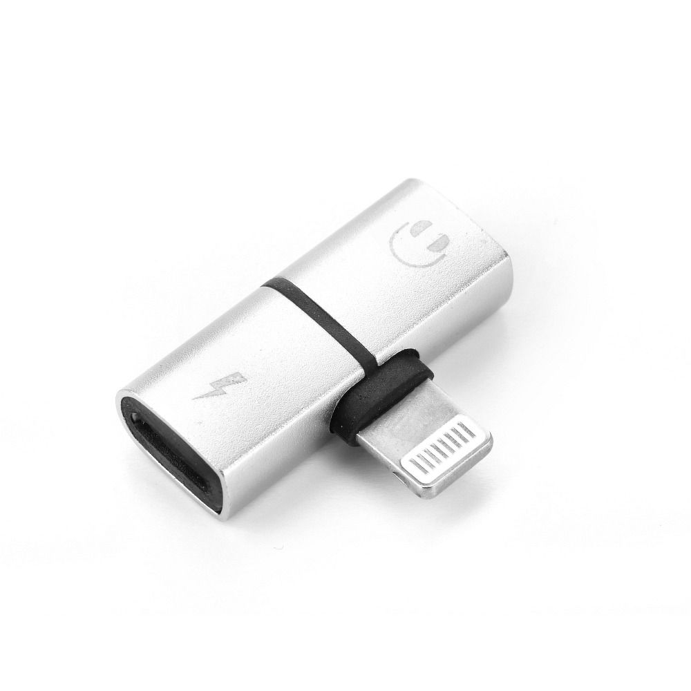 Adaptor 2in1 HF Lighting, Audio si Incarcare, Compatibil cu Telefoane IPhone, 2 x Lighting, 5V/2A, 48KHz/24-bit, Argintiu