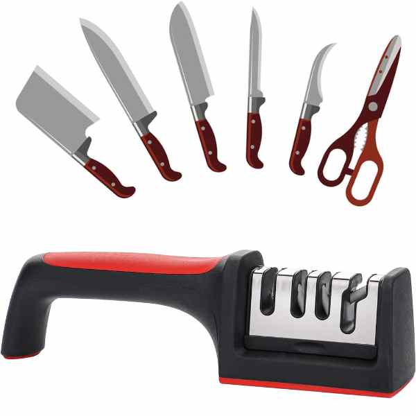 Ascutitor Mercaton pentru Cutite si Foarfece, 4 Niveluri, Maner Ergonomic si Anti-Derapant, 21.5 x 5 x 5.6 cm, Negru cu Rosu