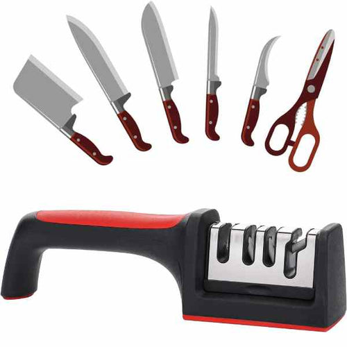 Ascutitor Mercaton pentru Cutite si Foarfece, 4 Niveluri, Maner Ergonomic si Anti-Derapant, 21.5 x 5 x 5.6 cm, Negru cu Rosu