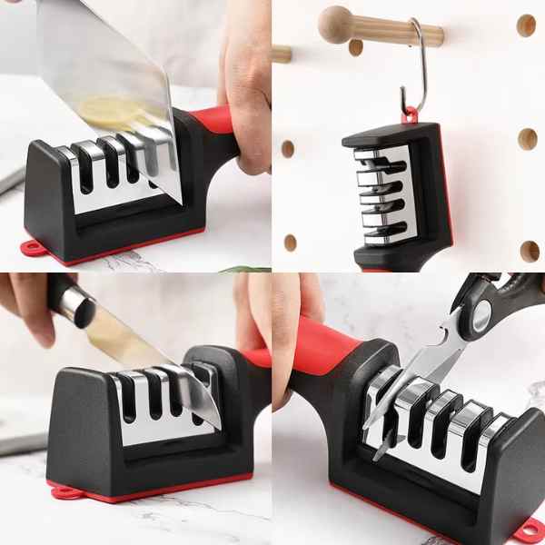 Ascutitor Mercaton pentru Cutite si Foarfece, 4 Niveluri, Maner Ergonomic si Anti-Derapant, 21.5 x 5 x 5.6 cm, Negru cu Rosu