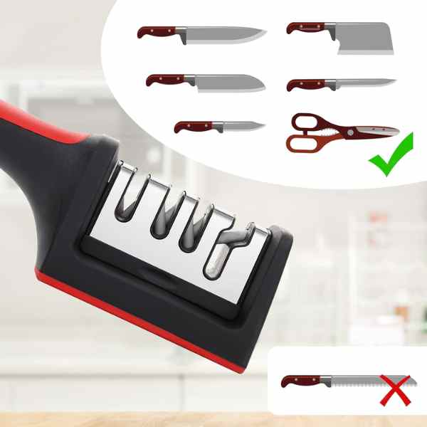 Ascutitor Mercaton pentru Cutite si Foarfece, 4 Niveluri, Maner Ergonomic si Anti-Derapant, 21.5 x 5 x 5.6 cm, Negru cu Rosu