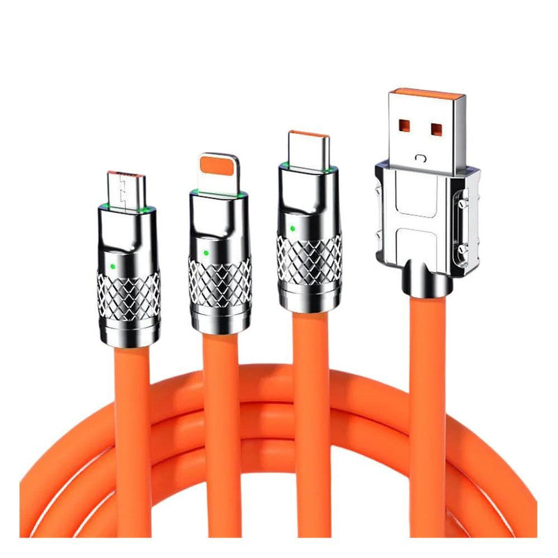 Cablu de incarcare Fast Charge, 3 in 1, 120 W, Lungime 2 m, Material silicon la exterior si cupru la interior, CIP incorporat, Rosu
