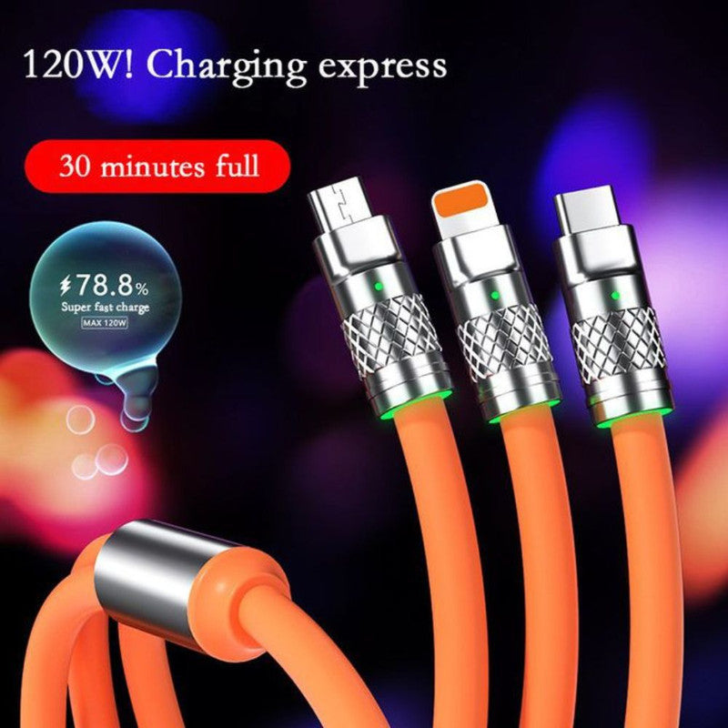 Cablu de incarcare Fast Charge, 3 in 1, 120 W, Lungime 2 m, Material silicon la exterior si cupru la interior, CIP incorporat, Rosu