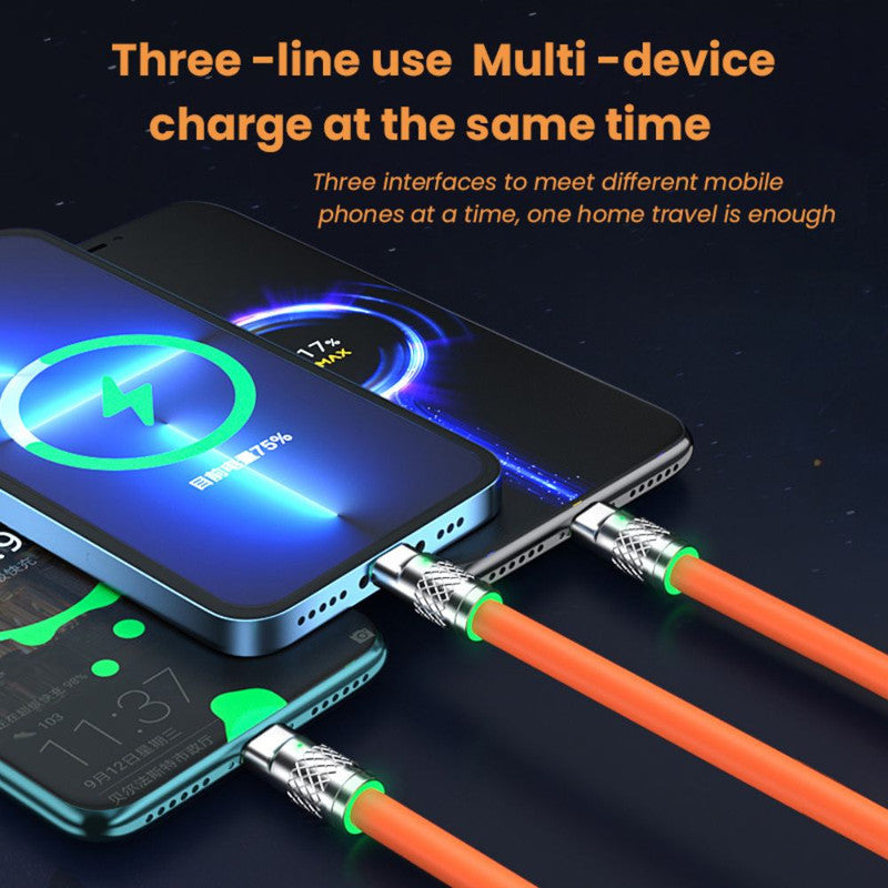 Cablu de incarcare Fast Charge, 3 in 1, 120 W, Lungime 2 m, Material silicon la exterior si cupru la interior, CIP incorporat, Rosu