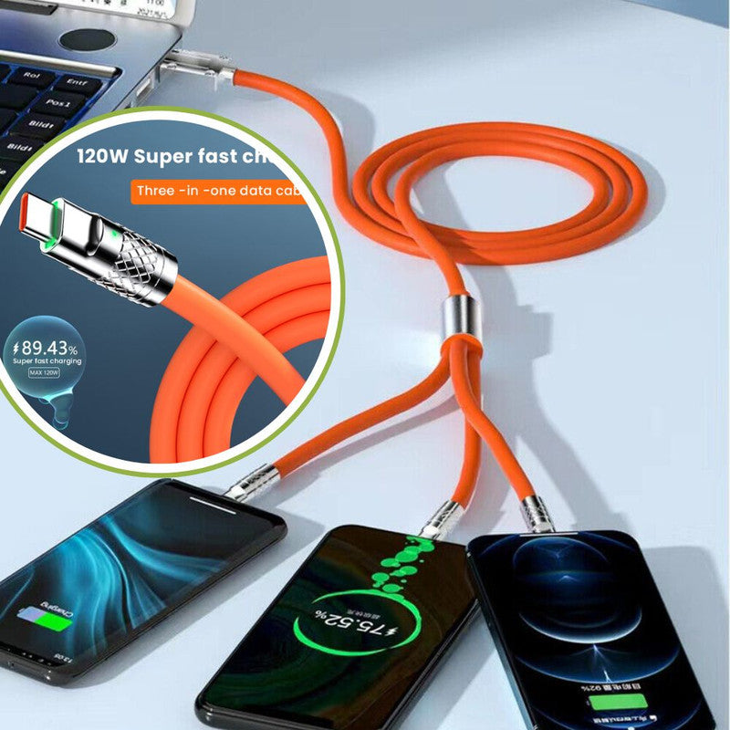 Cablu de incarcare Fast Charge, 3 in 1, 120 W, Lungime 2 m, Material silicon la exterior si cupru la interior, CIP incorporat, Rosu