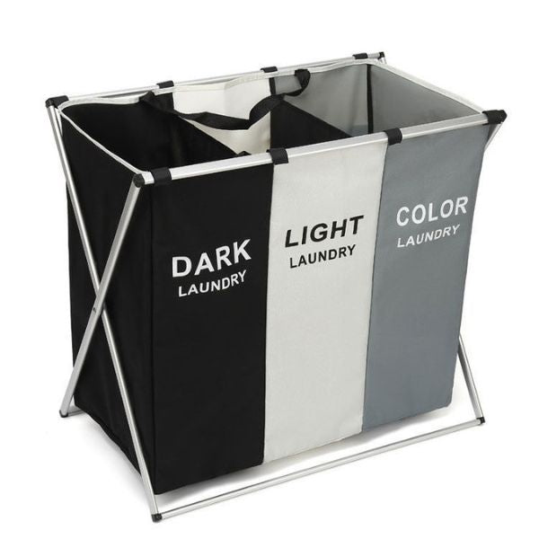 Cos Pliabil pentru Rufe cu 3 Compartimente din Panza Oxford, Cadru Metalic, 135 L, 65.5 x 39.5 x 60 cm, Multicolor