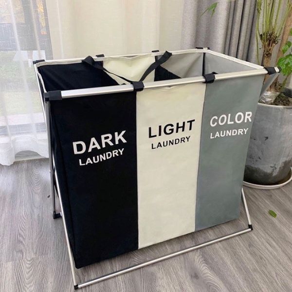 Cos Pliabil pentru Rufe cu 3 Compartimente din Panza Oxford, Cadru Metalic, 135 L, 65.5 x 39.5 x 60 cm, Multicolor