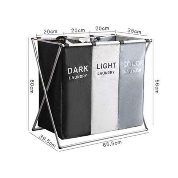 Cos Pliabil pentru Rufe cu 3 Compartimente din Panza Oxford, Cadru Metalic, 135 L, 65.5 x 39.5 x 60 cm, Multicolor
