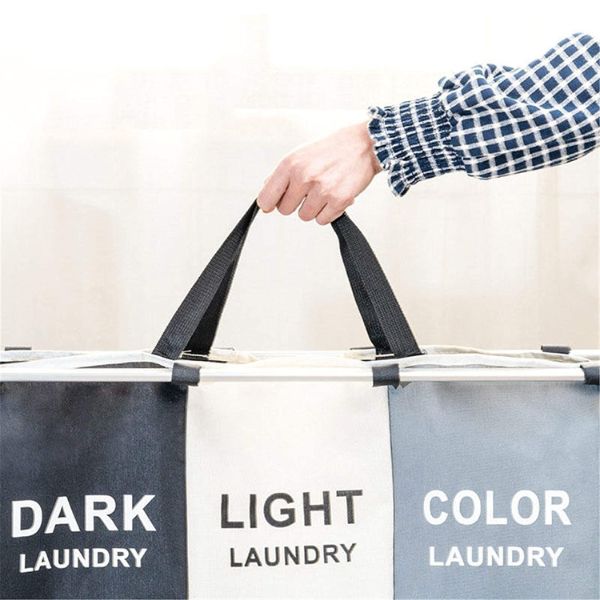 Cos Pliabil pentru Rufe cu 3 Compartimente din Panza Oxford, Cadru Metalic, 135 L, 65.5 x 39.5 x 60 cm, Multicolor
