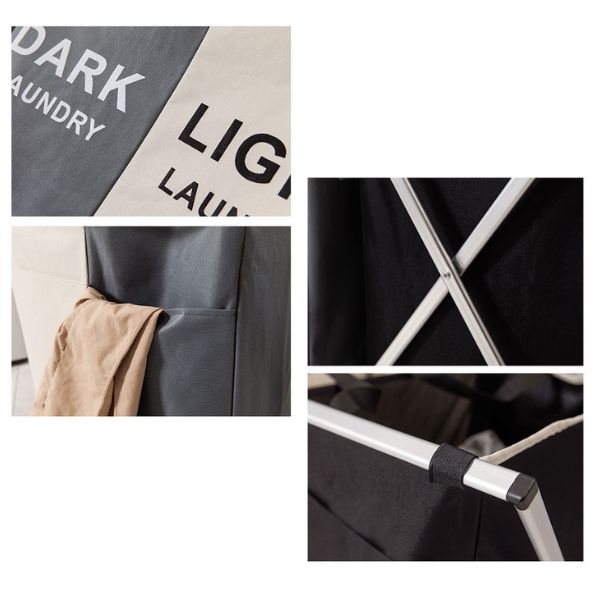 Cos Pliabil pentru Rufe cu 3 Compartimente din Panza Oxford, Cadru Metalic, 135 L, 65.5 x 39.5 x 60 cm, Multicolor