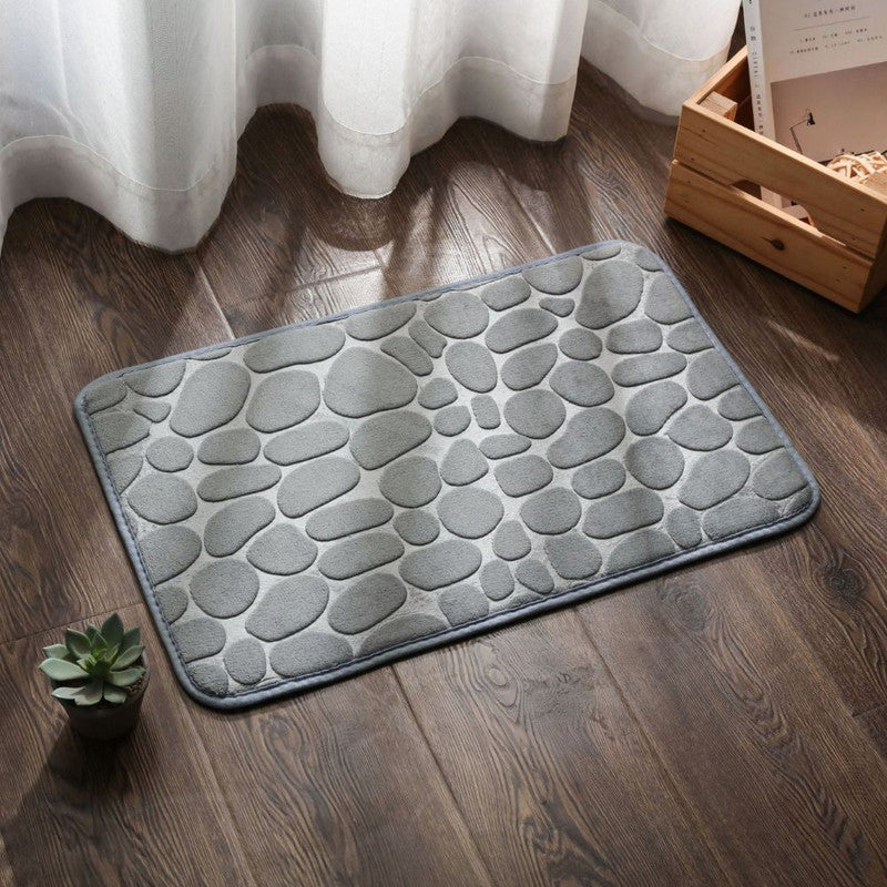 Covoras de baie din Poliester si spuma de memorie, model pietre, anti-derapant, ultra-absorbant, Gri, 60 x 40 cm