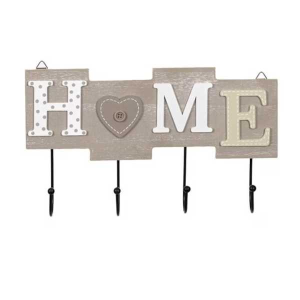 Cuier Mercaton din Lemn cu 4 Carlige Metalice, Model Home, 28 x 16.5 cm, Gri