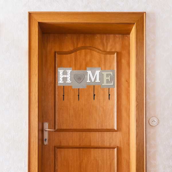 Cuier Mercaton din Lemn cu 4 Carlige Metalice, Model Home, 28 x 16.5 cm, Gri