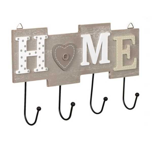 Cuier Mercaton din Lemn cu 4 Carlige Metalice, Model Home, 28 x 16.5 cm, Gri