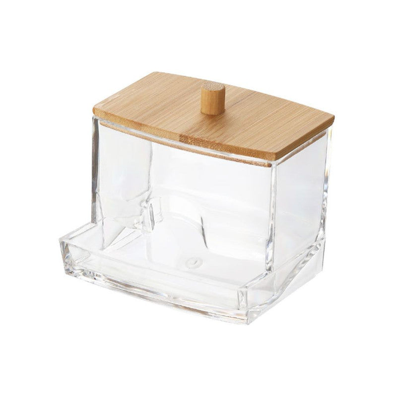 Cutie pentru Depozitare Betioase de Ureche, din Plastic si cu Capac din Lemn de Bambus, 9 x 7.5 cm