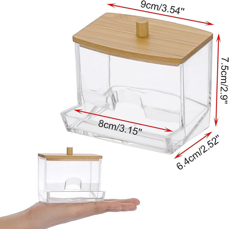 Cutie pentru Depozitare Betioase de Ureche, din Plastic si cu Capac din Lemn de Bambus, 9 x 7.5 cm
