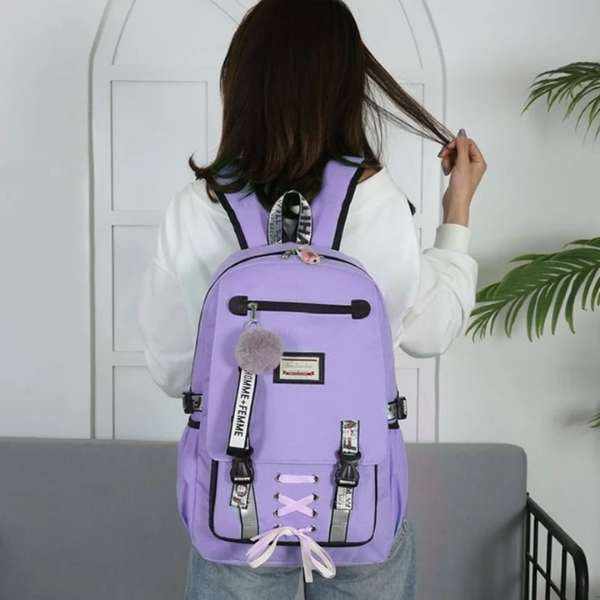 Ghiozdan Mercaton pentru Copii, Impermeabil, Port USB, 30 x 14 x 47 cm, Violet cu Rola Hartie Auto-Adeziva si Decupabila pentru Desenat, 3 m x 30 cm, Model Printese si 48 Markere Colorate