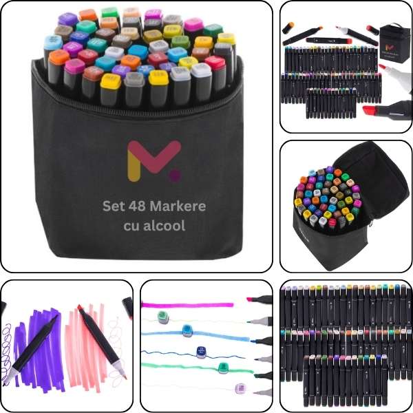 Ghiozdan Mercaton pentru Copii, Impermeabil, Port USB, 30 x 14 x 47 cm, Violet cu Rola Hartie Auto-Adeziva si Decupabila pentru Desenat, 3 m x 30 cm, Model Printese si 48 Markere Colorate