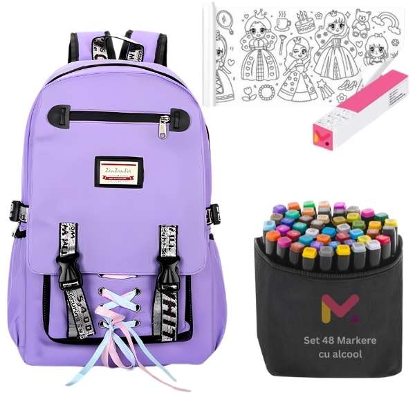 Ghiozdan Mercaton pentru Copii, Impermeabil, Port USB, 30 x 14 x 47 cm, Violet cu Rola Hartie Auto-Adeziva si Decupabila pentru Desenat, 3 m x 30 cm, Model Printese si 48 Markere Colorate