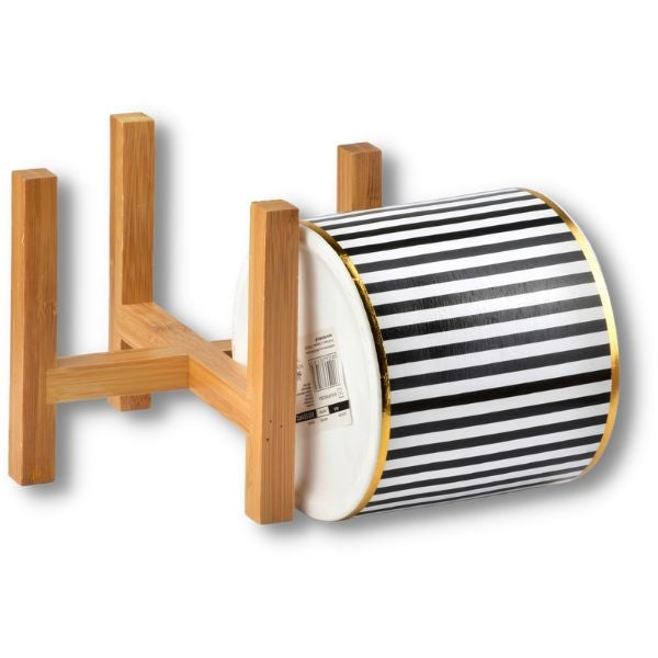 Ghiveci ceramic pentru flori Luxury cu suport din lemn, Ø 12,5, Inaltime 16.5 cm, Alb / Negru / Auriu