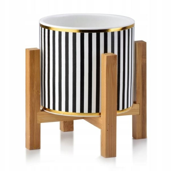 Ghiveci ceramic pentru flori Luxury cu suport din lemn, Ø 12,5, Inaltime 16.5 cm, Alb / Negru / Auriu