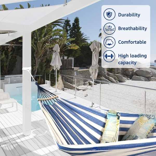 Hamac de Gradina Mercaton cu Suport de Lemn Anti-Incalcire, Sac Transport si Accesorii Montaj Incluse, Maxim 180 Kg, Multicolor, 280 x 80 cm
