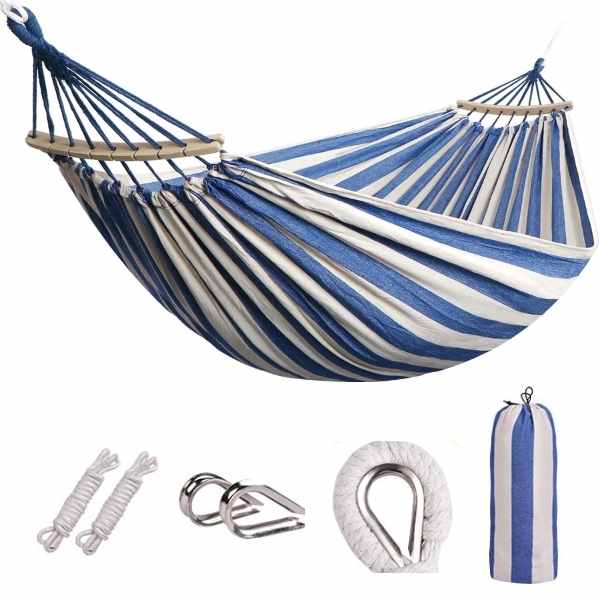 Hamac de Gradina Mercaton cu Suport de Lemn Anti-Incalcire, Sac Transport si Accesorii Montaj Incluse, Maxim 180 Kg, Multicolor, 280 x 80 cm