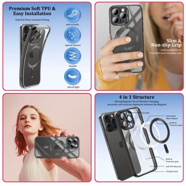 Husa pentru iPhone 16 Pro, TPU, Protectie si pentru Camera, MagSafe, Anti-Alunecare, Anti-Galbenire, Transparenta cu Margine Neagra