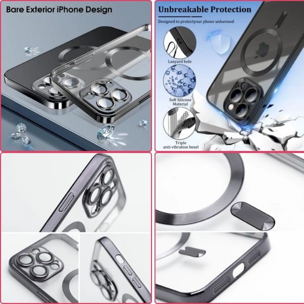 Husa si Folie Protectie pentru iPhone 16 Pro TPU, Protectie si pentru Camera, MagSafe, Anti-Alunecare, Anti-Galbenire, Transparenta cu Margine Neagra
