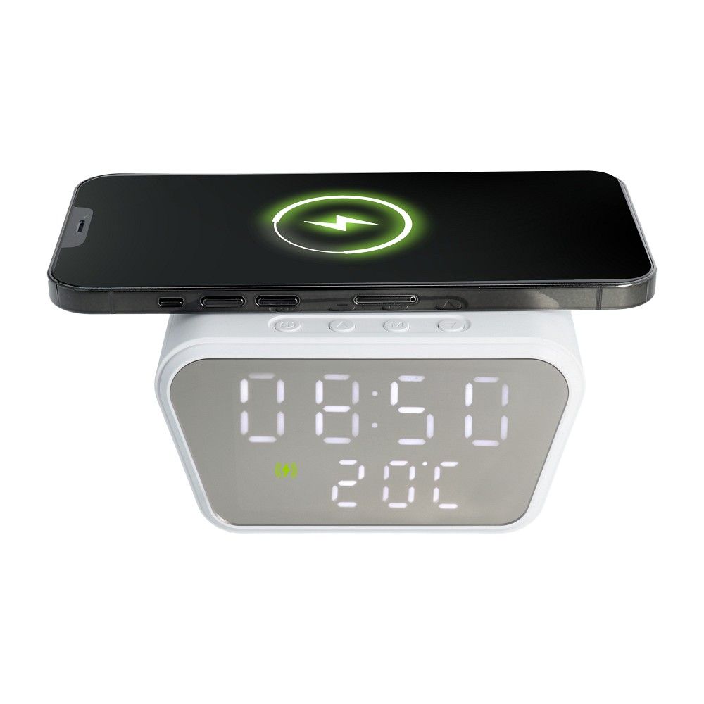 Incarcator Wireless,  Fast Charging 15W cu Ceas Digital si Termometru incorporat, 11 x 8 x 6.5 cm, Alb