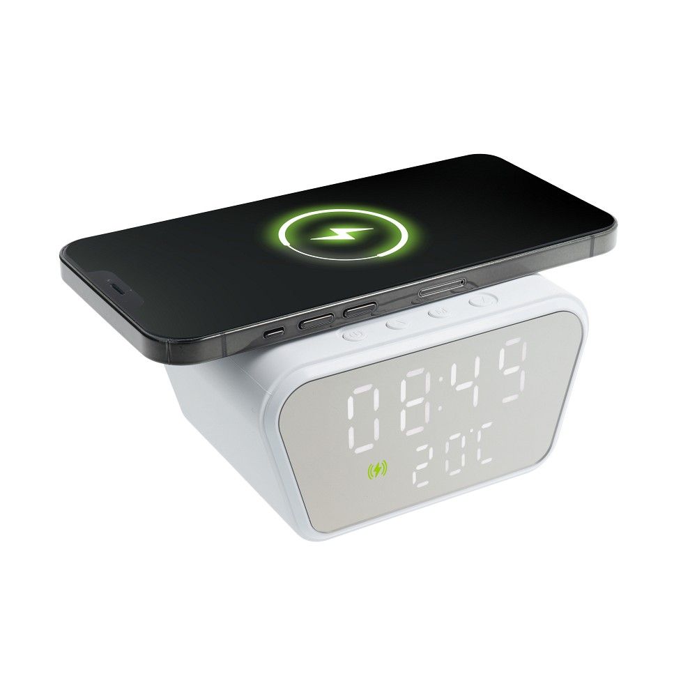 Incarcator Wireless,  Fast Charging 15W cu Ceas Digital si Termometru incorporat, 11 x 8 x 6.5 cm, Alb