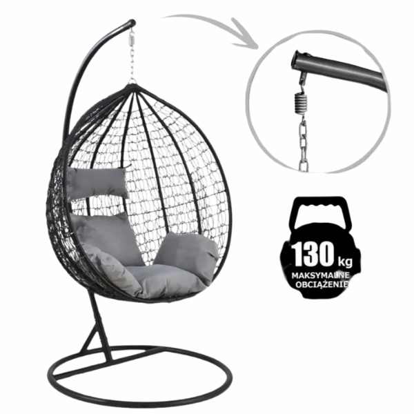 Leagan Mercaton, Tip Cuib cu Fotoliu Suspendat, Cadru Metalic, Maxim 130 Kg, 2 Perne, Rezistent UV, Negru