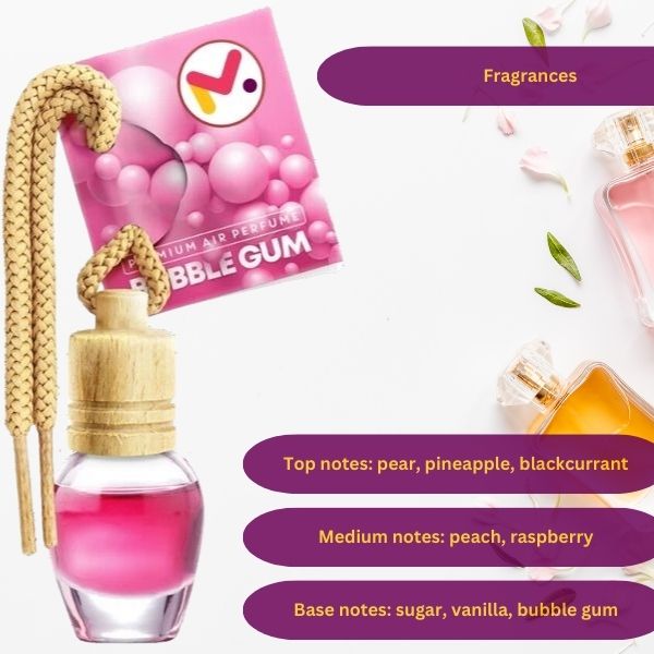 Odorizant Auto in Sticla cu Snur si Capac din Lemn, Aroma Bubble Gum, 8 ml