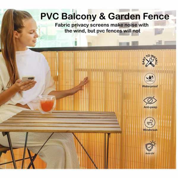 Paravan Decorativ Mercaton din PVC, Imitatie Bambus Natural, pentru Delimitare Spatii Exterioare, Rezistent UV, 1300 g/m2, 3 x 1 m, Maro