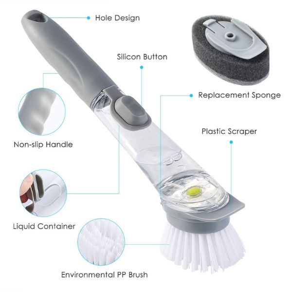 Perie multifunctionala pentru spalat vase, maner lung cu rezervor pentru detergent incorporat si 3 capete de rezerva, 1 perie si 2 bureti, 24 cm