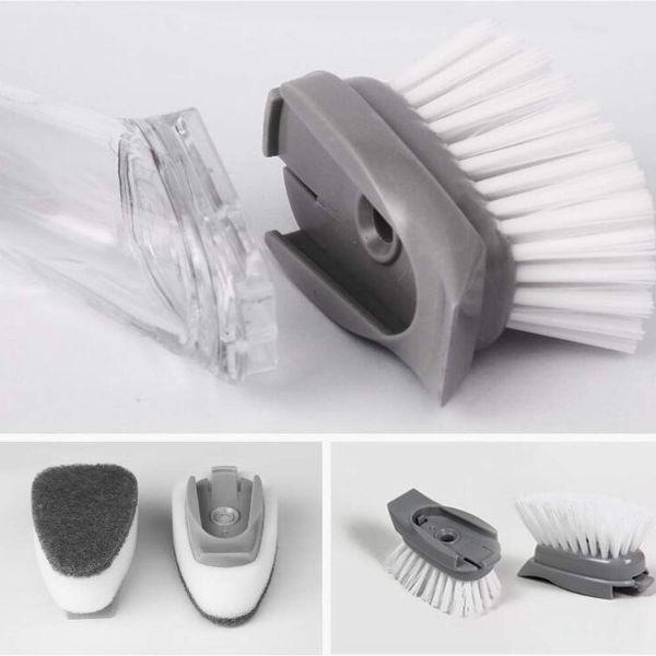 Perie multifunctionala pentru spalat vase, maner lung cu rezervor pentru detergent incorporat si 3 capete de rezerva, 1 perie si 2 bureti, 24 cm