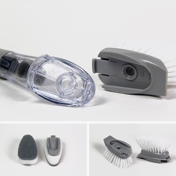 Perie multifunctionala pentru spalat vase, maner lung cu rezervor pentru detergent incorporat si 3 capete de rezerva, 1 perie si 2 bureti, 24 cm
