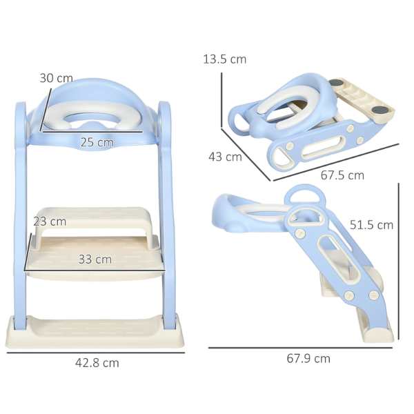 Reductor Pliabil cu Manere, Scara cu Trepte Anti-Derapante, Inaltator pentru WC, Perna Moale Detasabila si Impermeabila, PP Eco Frendly, 67.9 x 42.8 x 51.5 cm, Albastru