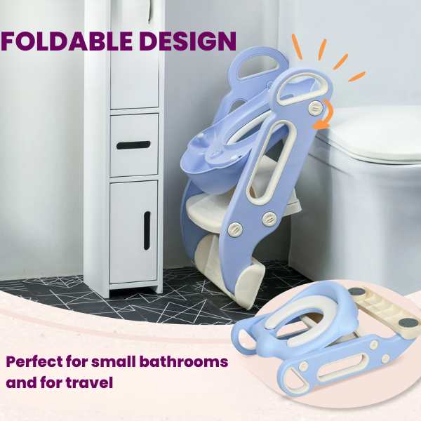 Reductor Pliabil cu Manere, Scara cu Trepte Anti-Derapante, Inaltator pentru WC, Perna Moale Detasabila si Impermeabila, PP Eco Frendly, 67.9 x 42.8 x 51.5 cm, Albastru