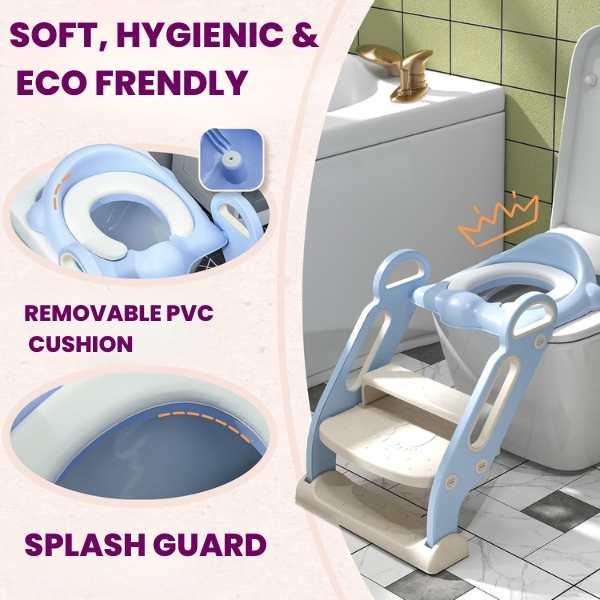 Reductor Pliabil cu Manere, Scara cu Trepte Anti-Derapante, Inaltator pentru WC, Perna Moale Detasabila si Impermeabila, PP Eco Frendly, 67.9 x 42.8 x 51.5 cm, Albastru
