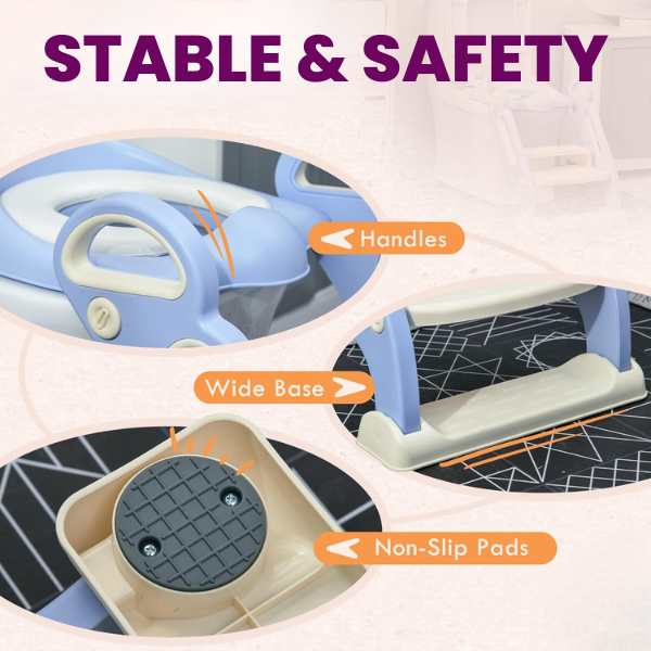 Reductor Pliabil cu Manere, Scara cu Trepte Anti-Derapante, Inaltator pentru WC, Perna Moale Detasabila si Impermeabila, PP Eco Frendly, 67.9 x 42.8 x 51.5 cm, Albastru