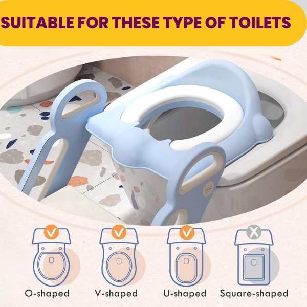 Reductor Pliabil cu Manere, Scara cu Trepte Anti-Derapante, Inaltator pentru WC, Perna Moale Detasabila si Impermeabila, PP Eco Frendly, 67.9 x 42.8 x 51.5 cm, Albastru