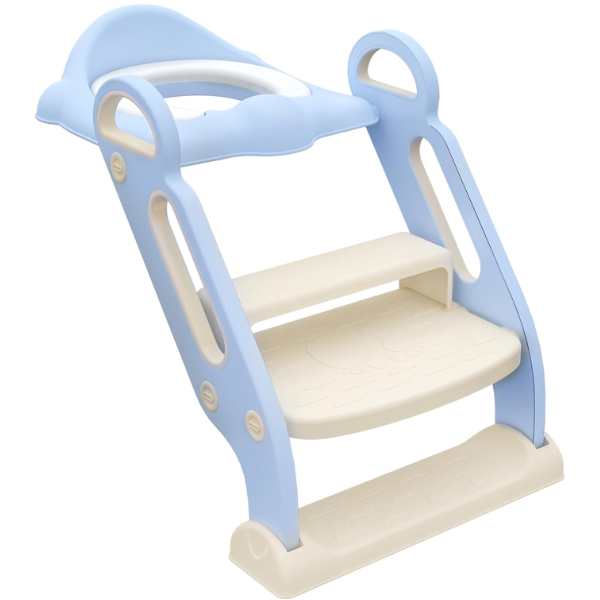 Reductor Pliabil cu Manere, Scara cu Trepte Anti-Derapante, Inaltator pentru WC, Perna Moale Detasabila si Impermeabila, PP Eco Frendly, 67.9 x 42.8 x 51.5 cm, Albastru