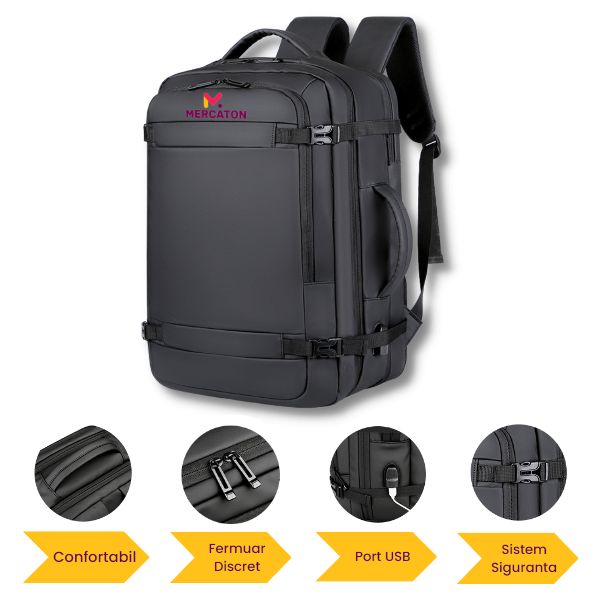 Rucsac extensibil Mercaton, compatibil cu laptop-uri pana la 17.3″, 29L – 39L, Port USB, Waterproof, Travel Size, Anti-Furt, Negru