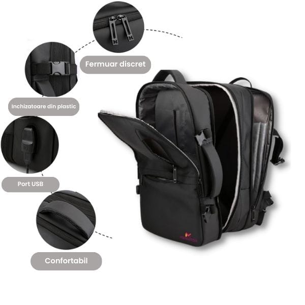 Rucsac extensibil Mercaton, compatibil cu laptop-uri pana la 17.3″, Port USB, Waterproof, Travel Size, Negru