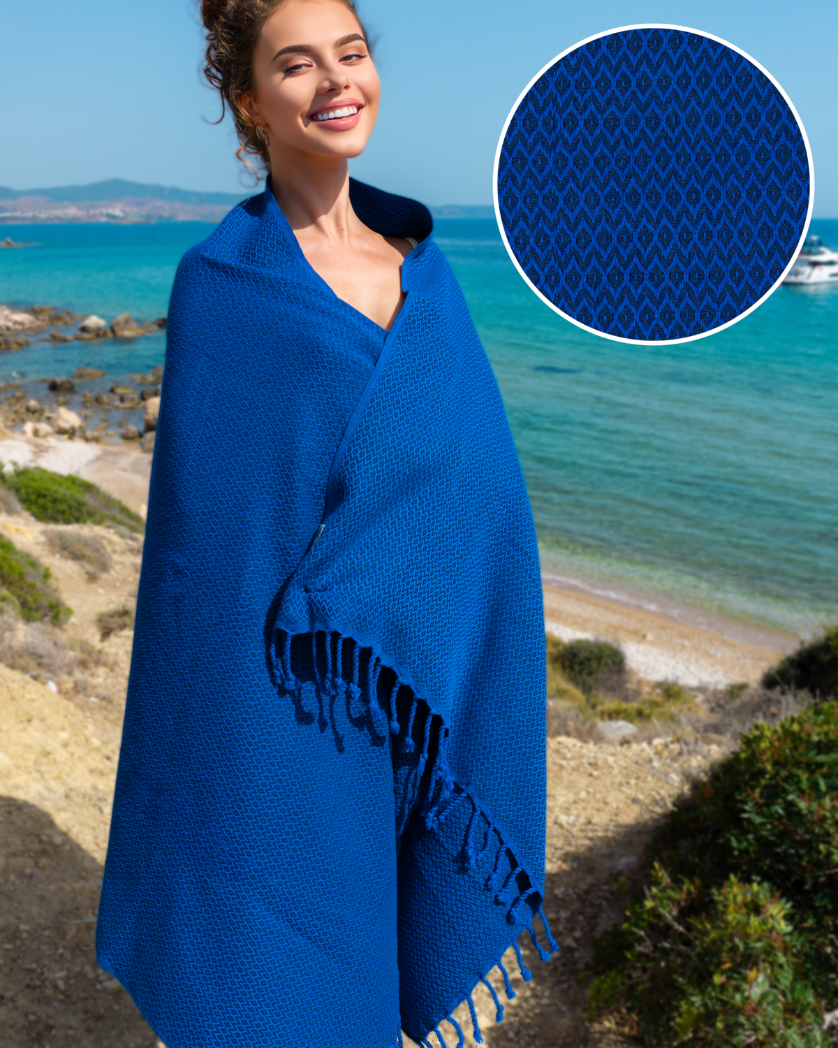 SAMOS Turkish Cotton Scarf Hammam Towel - Blue / Navy Blue-0