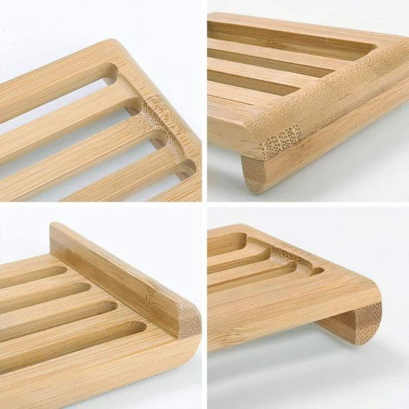 Sapuniera din lemn natural Bambus, anti-derapanta, drenaj apa, 10.9 x 7.5 cm, Maro