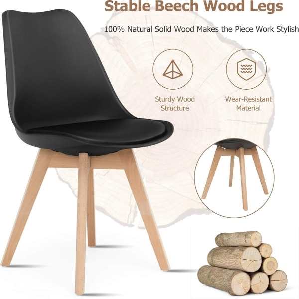 Scaun Mercaton Grosseto, Stil Scandinav cu Picioare din Lemn, Sezut din PP si Perna din Piele Ecologica, Maxim 120 Kg, 49 x 45 x 82 cm, Negru