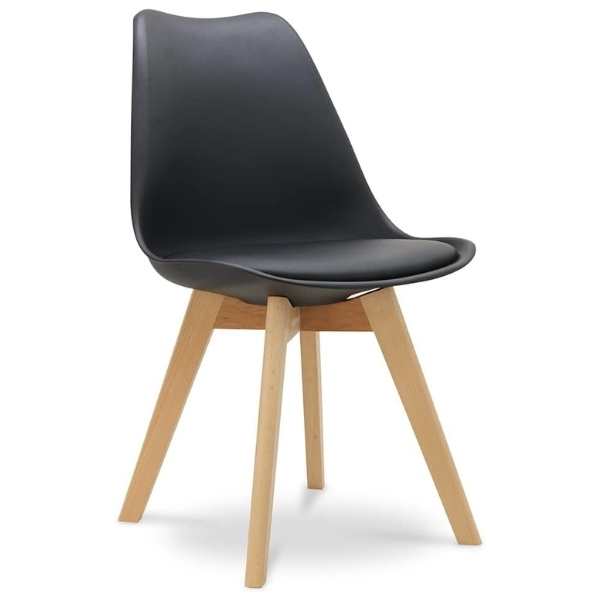 Scaun Mercaton Grosseto, Stil Scandinav cu Picioare din Lemn, Sezut din PP si Perna din Piele Ecologica, Maxim 120 Kg, 49 x 45 x 82 cm, Negru