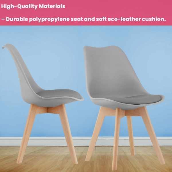 Scaun Mercaton Grosseto, Stil Scandinav cu Picioare din Lemn, Sezut din PP si Perna din Piele Ecologica, Maxim 120 Kg, 49 x 45 x 82 cm, Gri Deschis